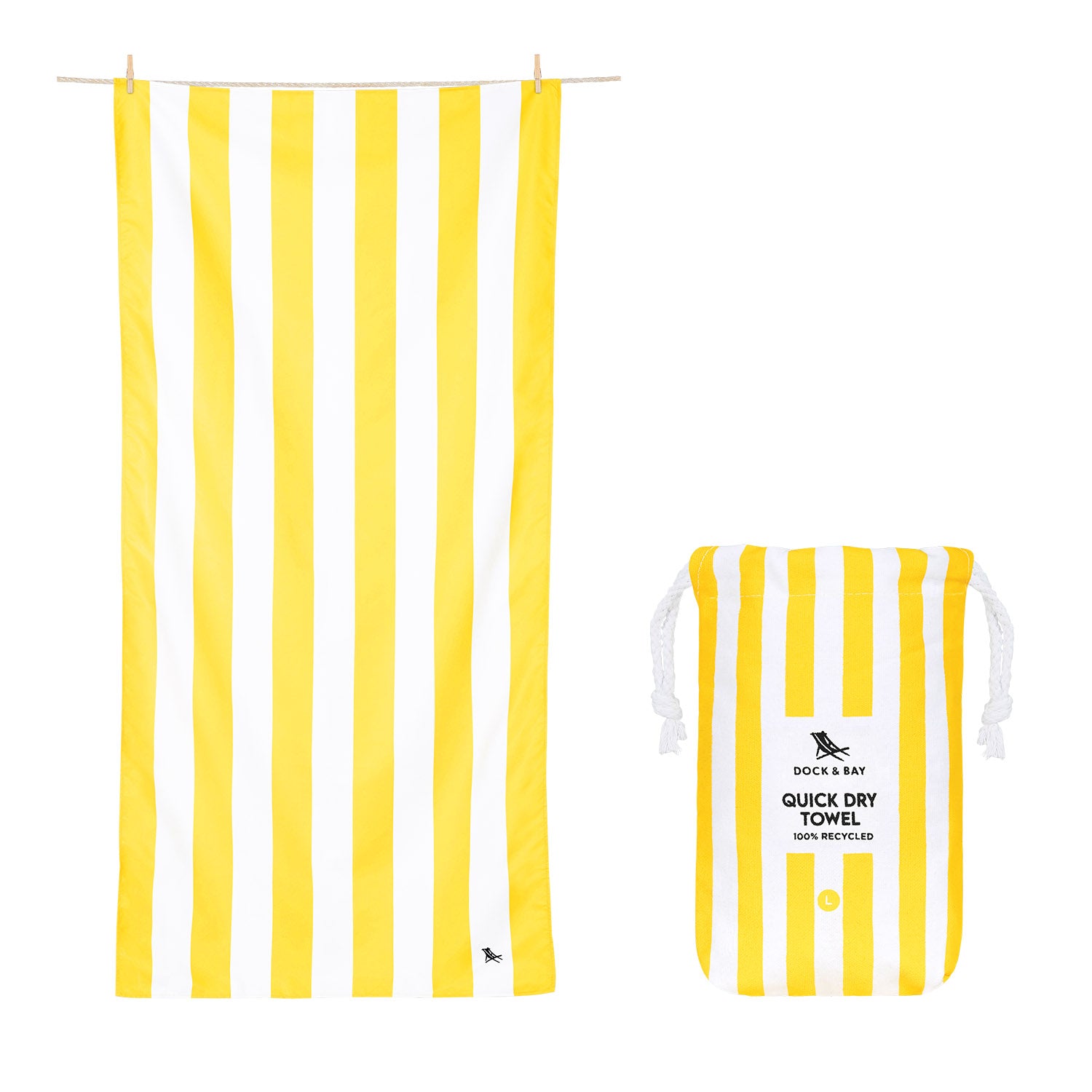 Dock & Bay Boracay Yellow striped beach towel with matching pouch